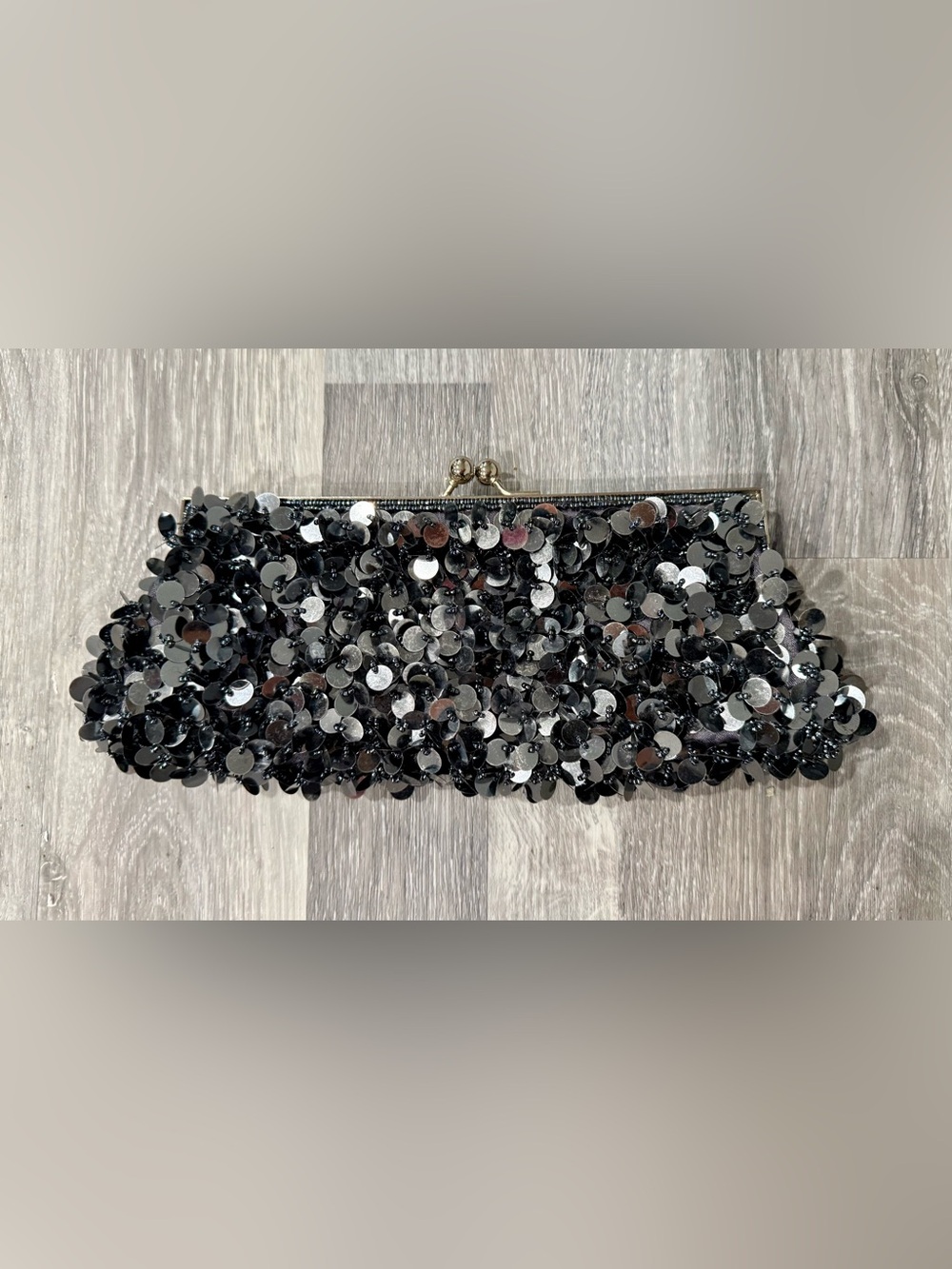 Black/Silver Sparkly Sequin Evening Clutch Bag, Kiss Lock Metal Frame, Lined